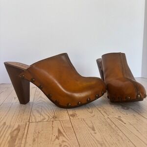KOAH Womens Leather Clog Heels Size EU 38 Brown Studded Mule Portugal